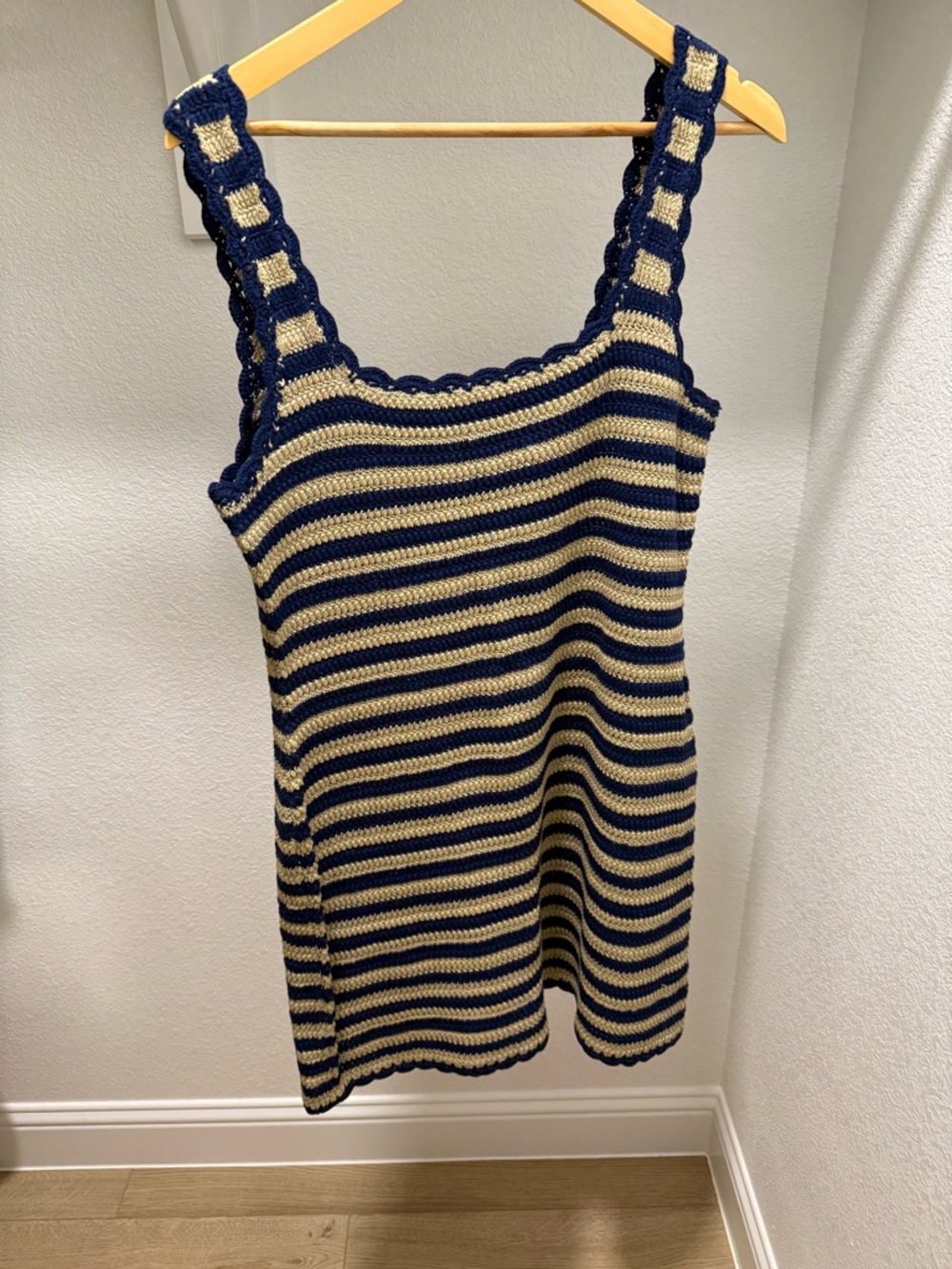 J. Crew Scallop Trim sweater dress in beige/black stripe